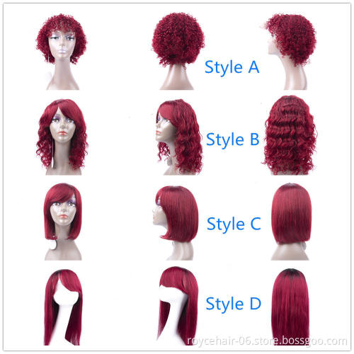 10a 12 Inch 150% Density 99J Burgundy Red Color Short Straight Blunt 100 Percent Indian Human Hair Bob Wigs with Bang